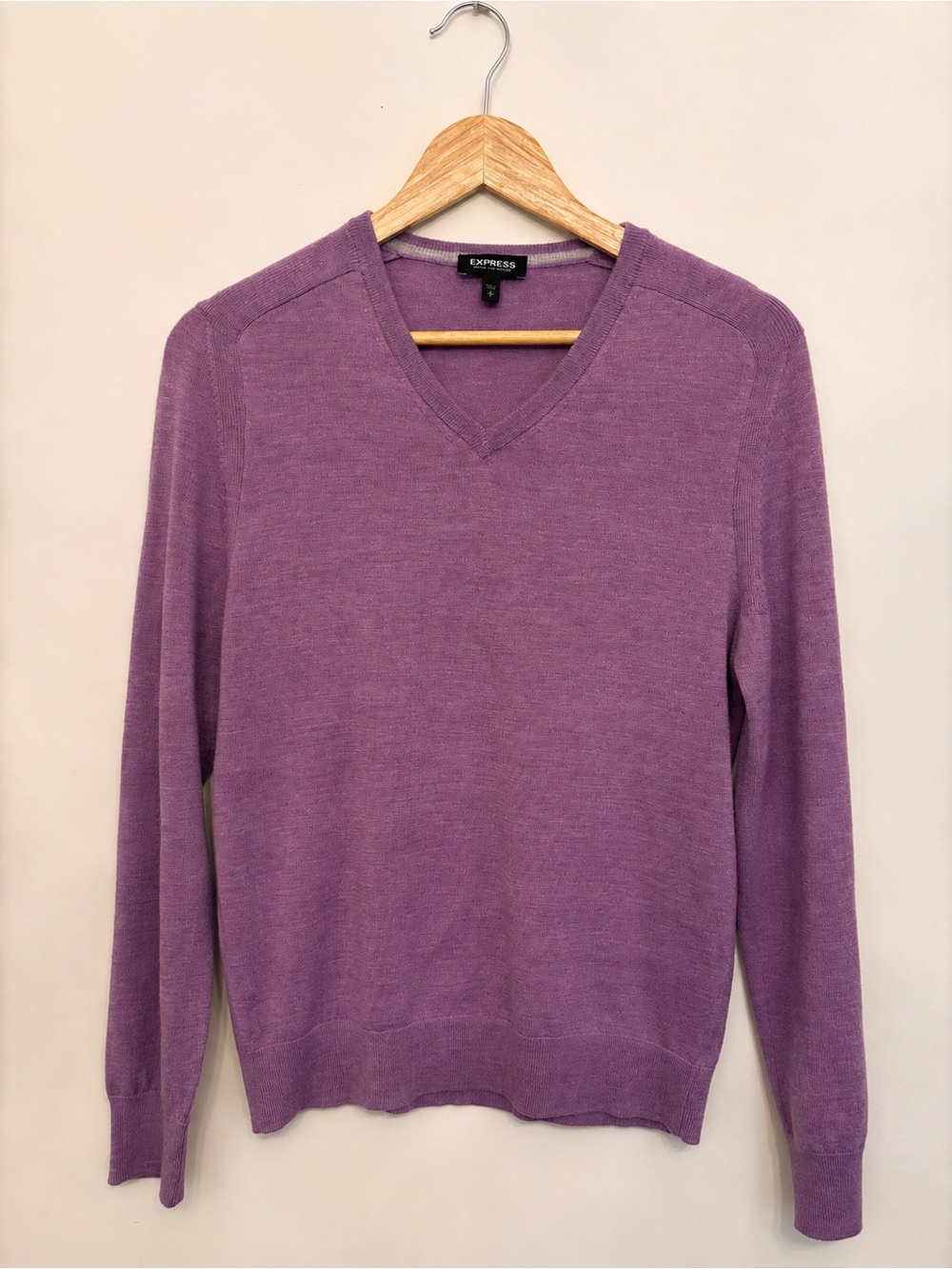Express Purple Merino Wool Blend V Neck Sweater, Lightweight Knit, Size S